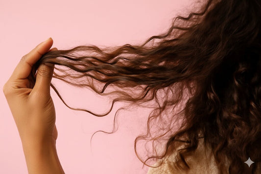 Uma mão delicada segurando uma mecha de cabelo cacheado de cor castanho escuro contra um fundo rosa suave. A imagem foca no toque da mão, evidenciando a textura dos fios cacheados, representando o conceito de cabelo poroso.