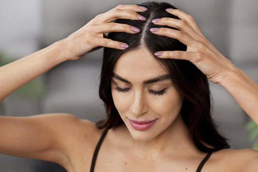 Mulher massageando a cabeça com as mãos.