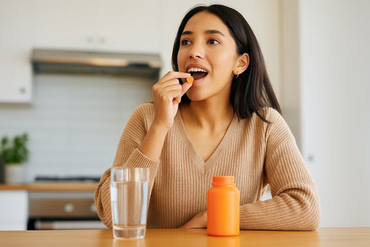 mulher tomando vitaminas para gripe e resfriado